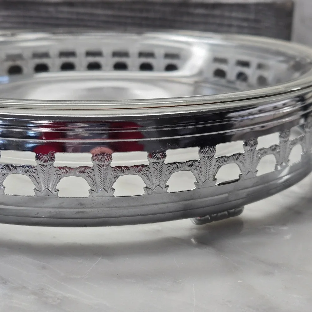 Vintage‎ Fire-King and Pyrex Casserole Set with Silver Plated Filigree Carriers